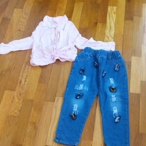 girl 6 pink long sleeve and pull on jeans, with stitched butterflies